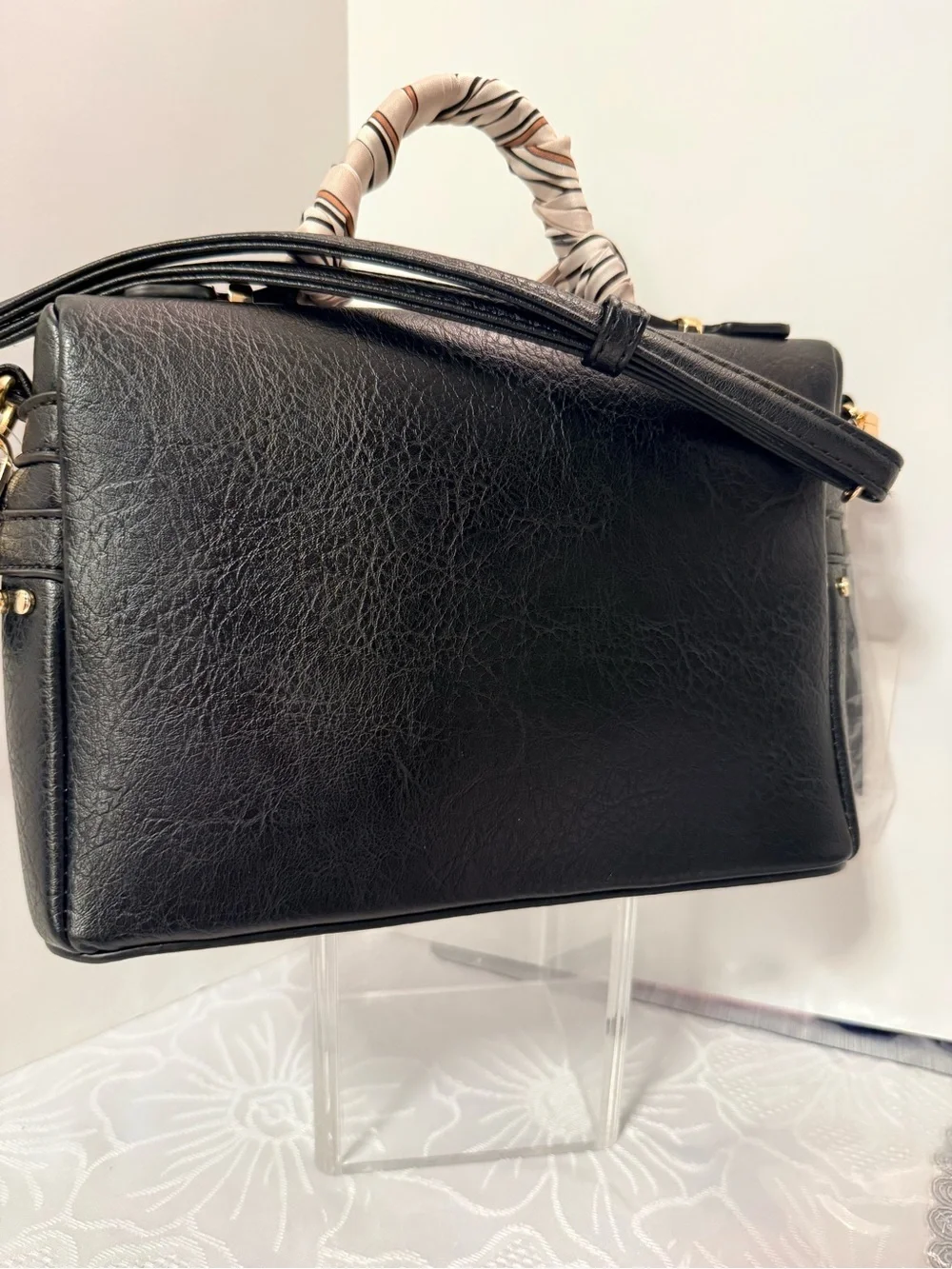 Black Studded faux  Leather Satchel with Scarf-Wrapped Handle